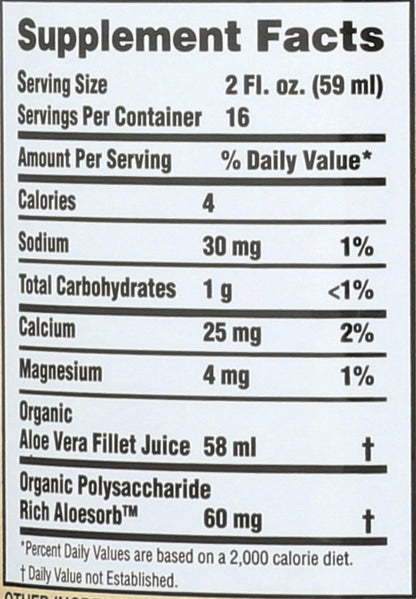 Back label of Lily of the Desert Aloe Vera Gel detailing ingredients and Aloesorb benefits