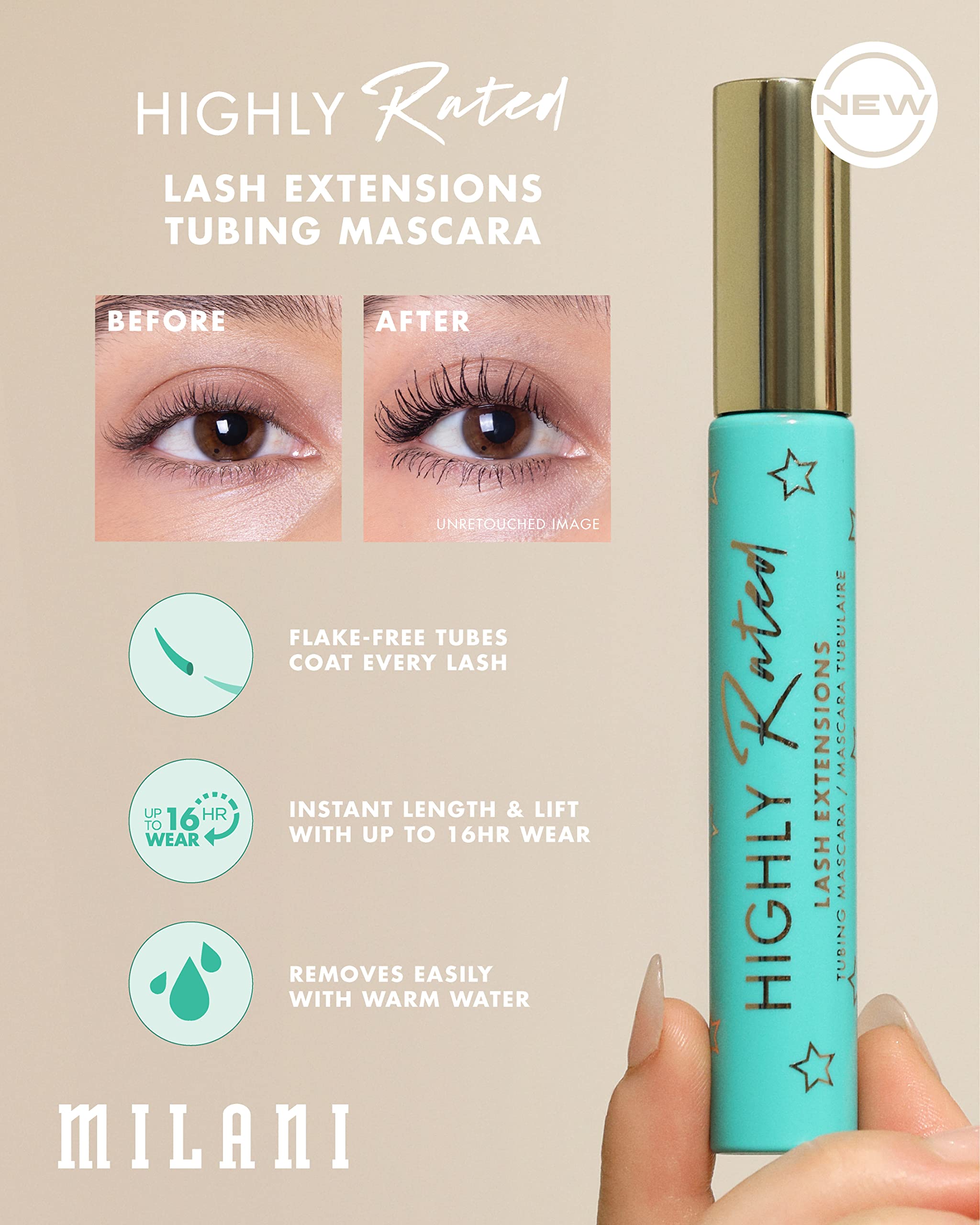 Milani smudge proof black mascara tube showing active ingredients