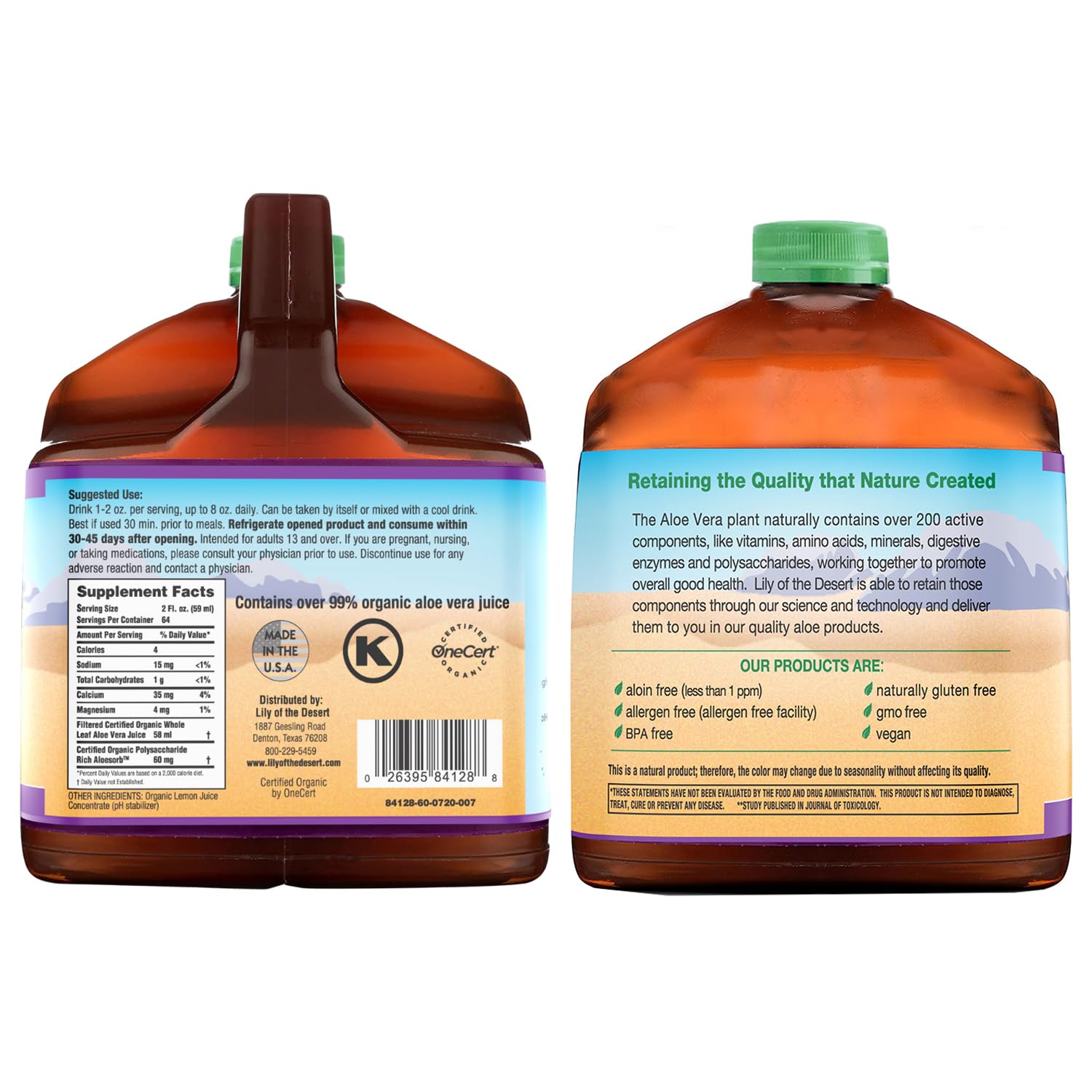 Lily of the Desert organic aloe vera juice bottle with measuring cup