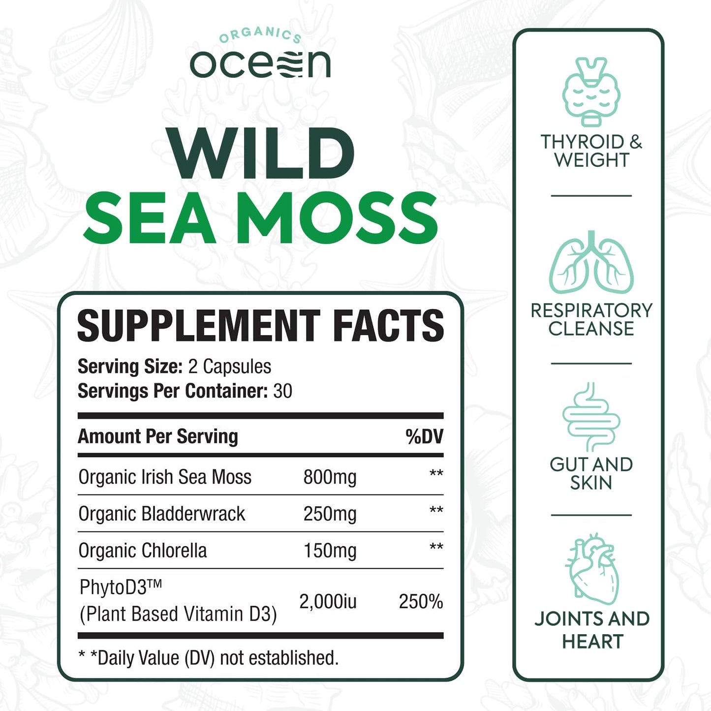 Organics Ocean sea moss dietary supplement bottle showcasing the four in one wellness formula ingredients.