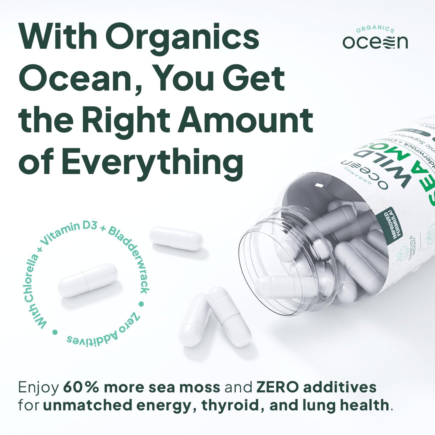 Back label of Organics Ocean Irish sea moss capsules detailing supplement facts and premium mineral breakdown.