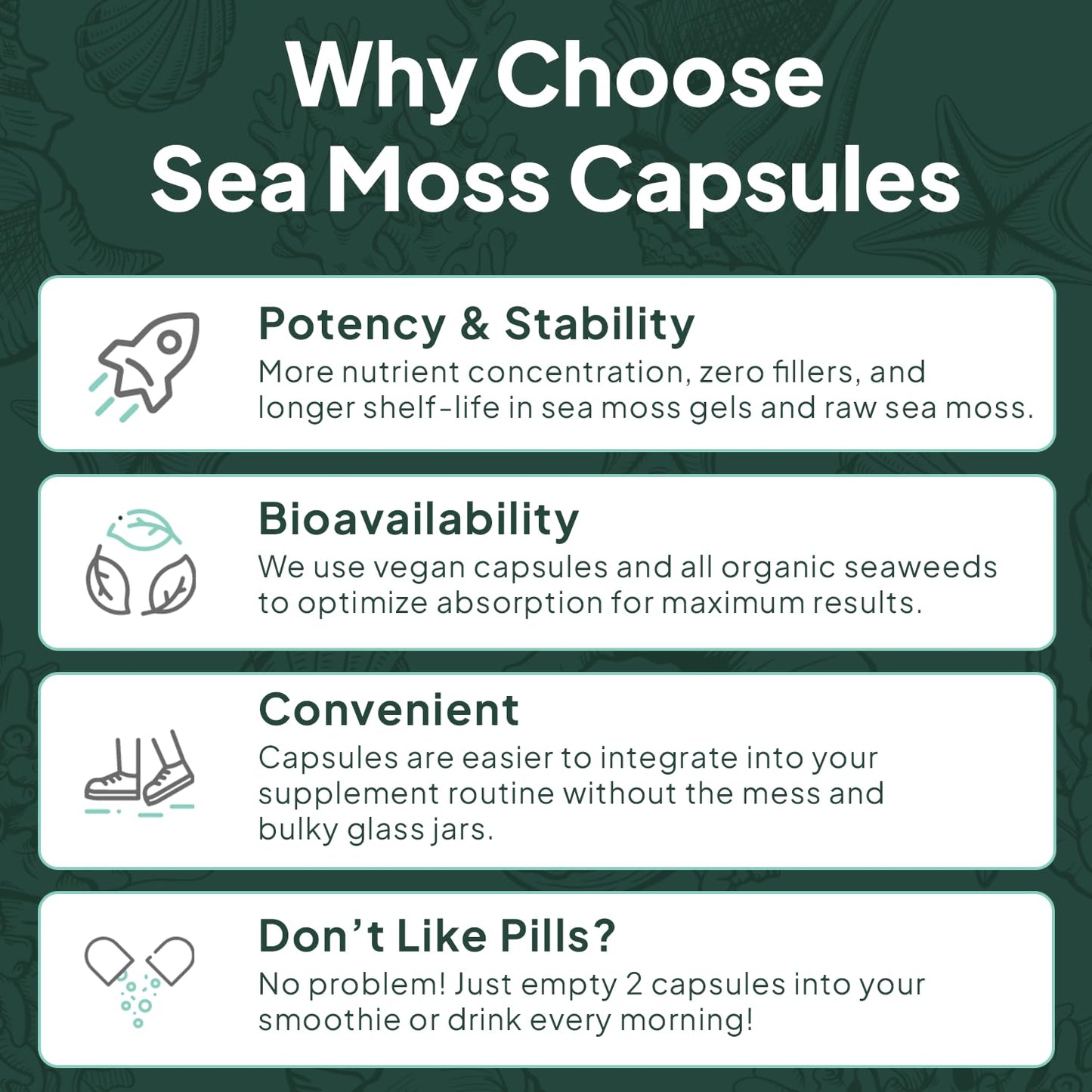 Organics Ocean sea moss capsules nutritional facts label highlighting vitamin D Three and iodine content.