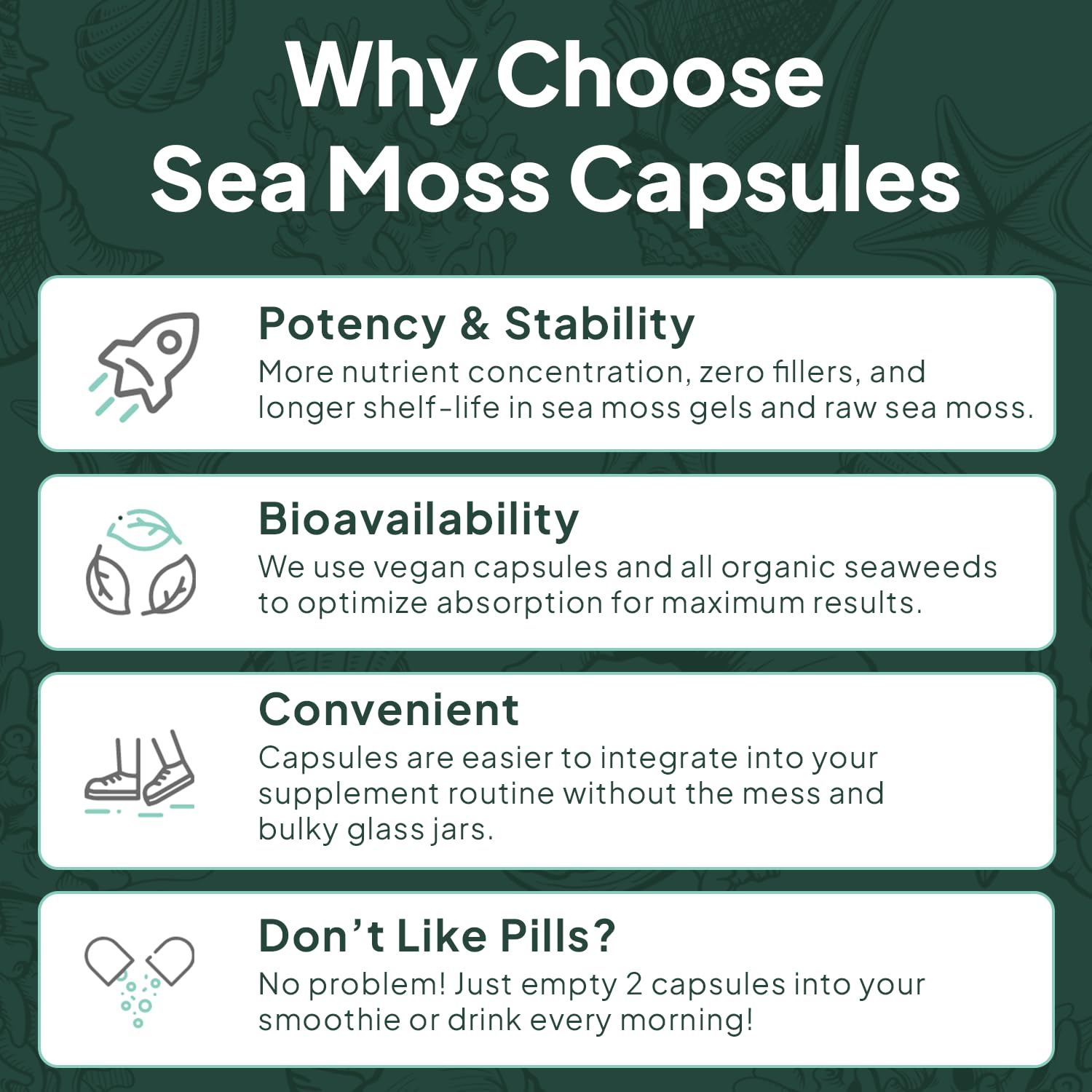 Organics Ocean sea moss capsules nutritional facts label highlighting vitamin D Three and iodine content.