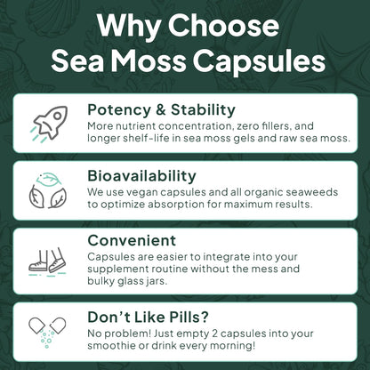 Organics Ocean sea moss capsules nutritional facts label highlighting vitamin D Three and iodine content.