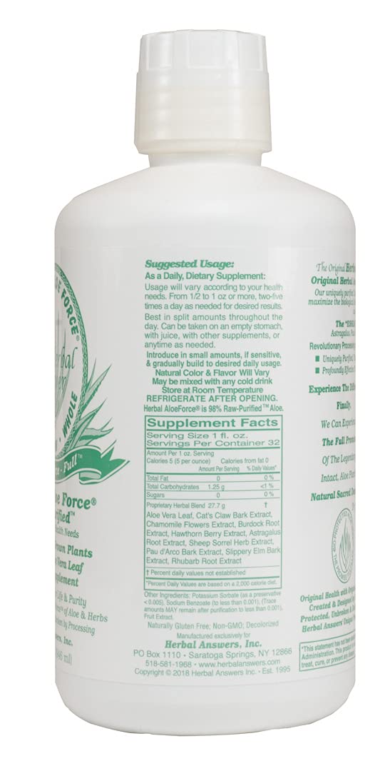Herbal Answers Aloe Force liquid supplement packaging highlighting organic whole leaf aloe vera features