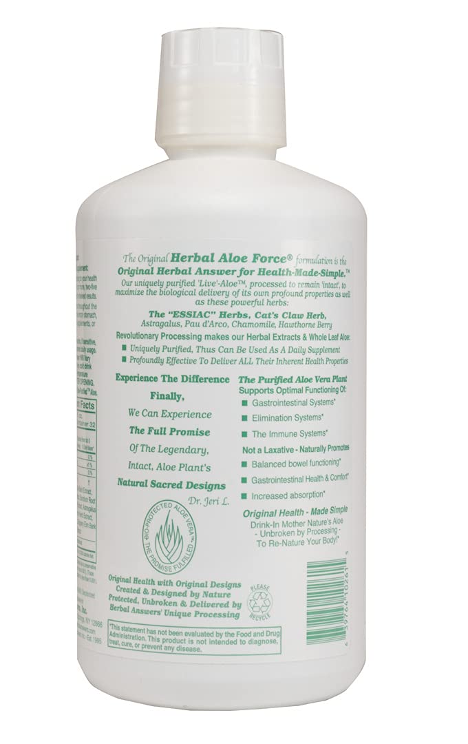 Side view of Herbal Answers Aloe Force bottle displaying ingredient list and adaptogenic herbal blend