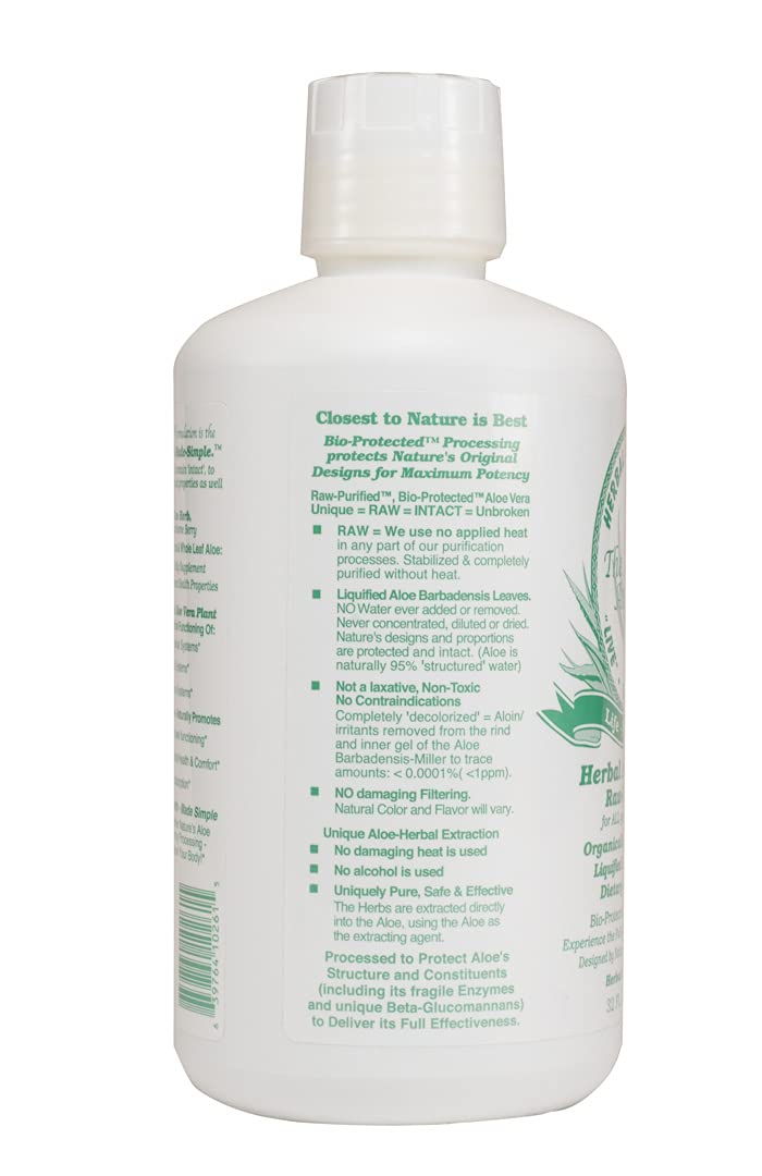Close up of Herbal Answers Aloe Force 32 Fluid Ounce liquid dietary supplement bottle directions and usage info