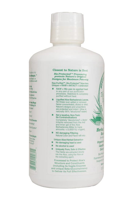 Close up of Herbal Answers Aloe Force 32 Fluid Ounce liquid dietary supplement bottle directions and usage info