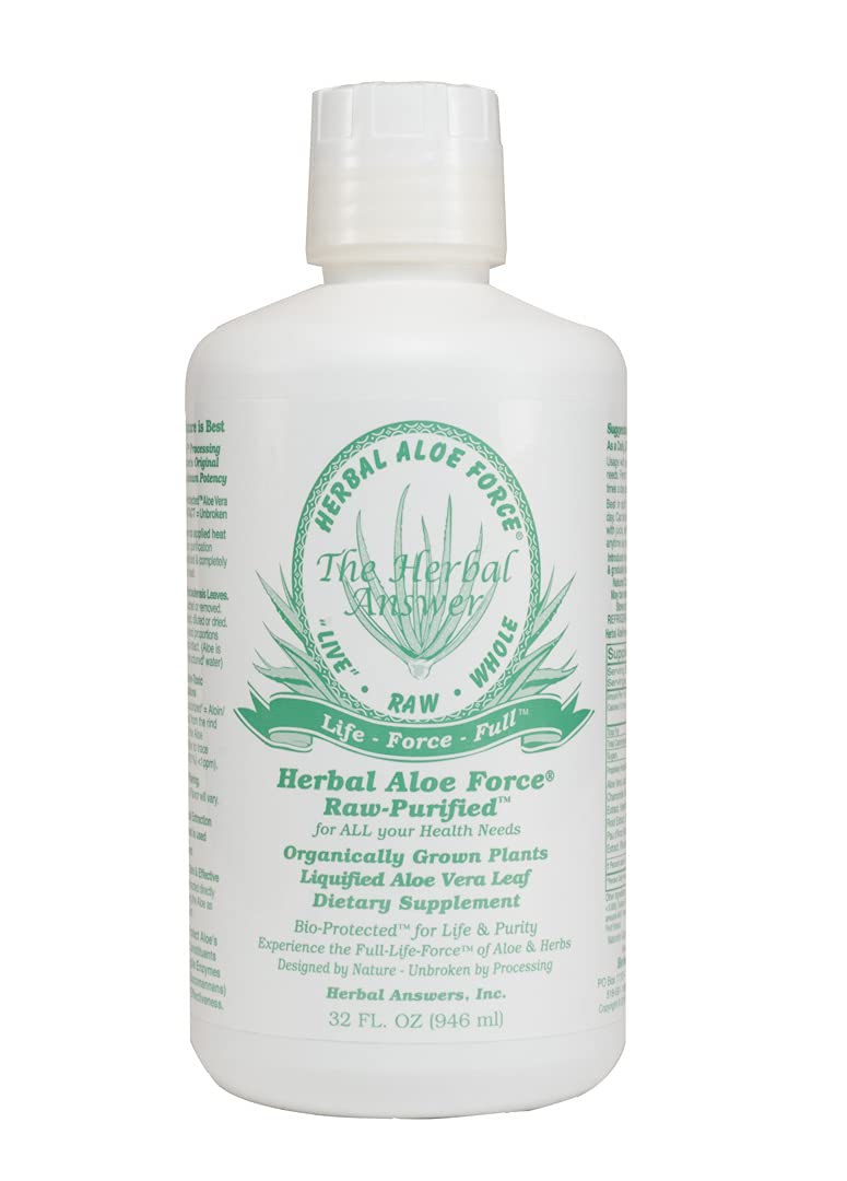 Authentic imported USA Herbal Answers Aloe Force bottle showcasing non laxative and gluten free certifications