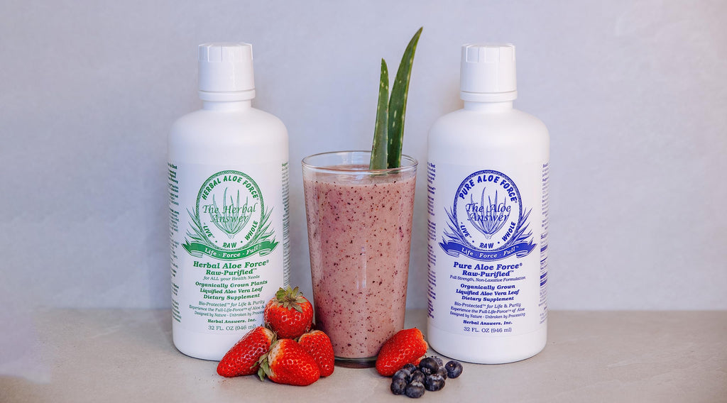 Full product packaging of Herbal Answers Aloe Force liquid showing seal of raw unheated processing