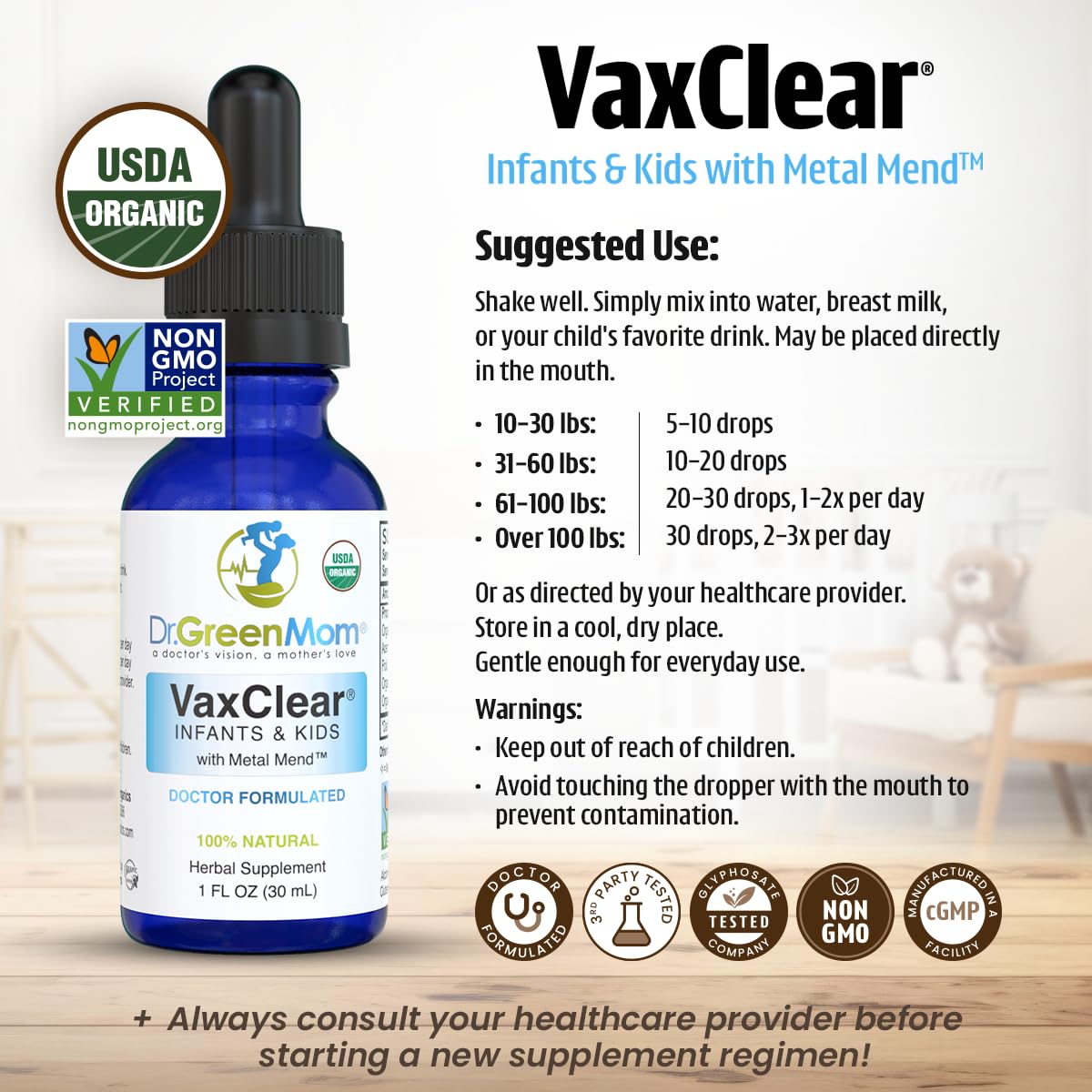 Dr. Green Mom heavy metal detox liquid ingredients list chlorella and milk thistle
