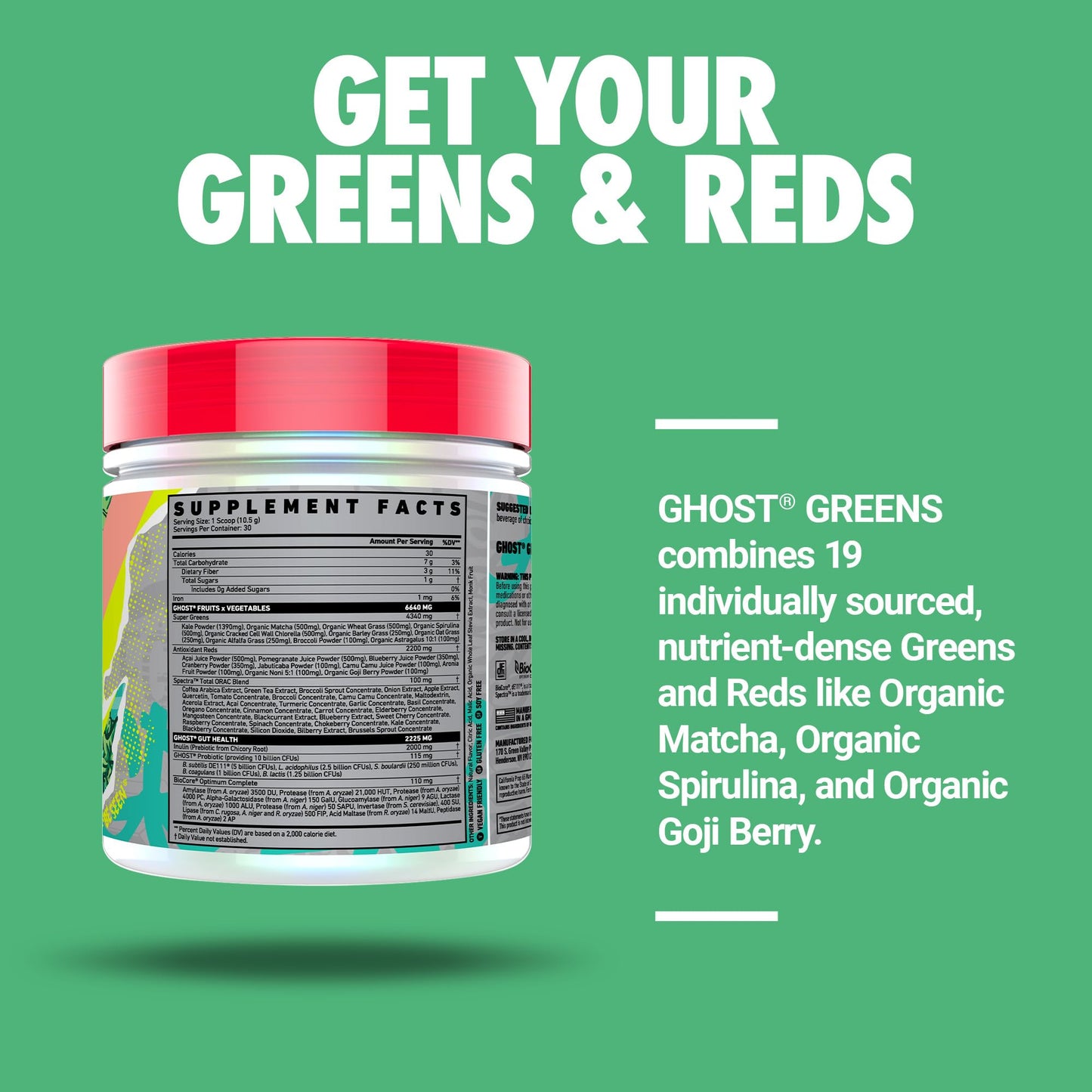 Ghost Greens nutrition facts label detailing nineteen greens and reds blend