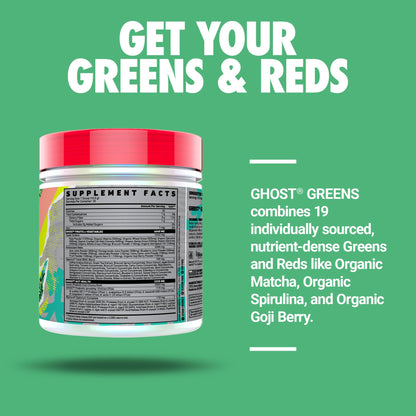 Ghost Greens nutrition facts label detailing nineteen greens and reds blend