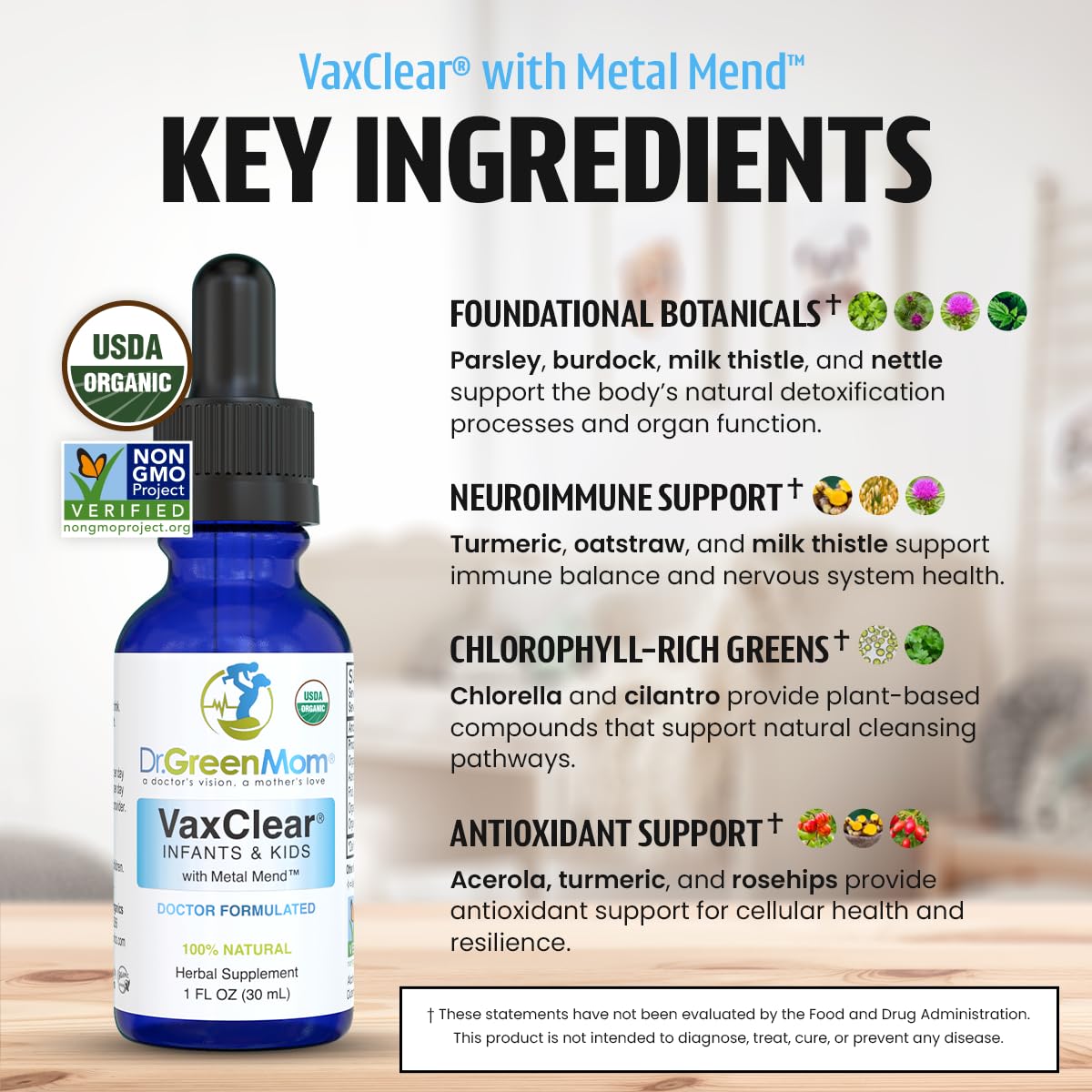 Dr. Green Mom VaxClear children immune support supplement back label facts