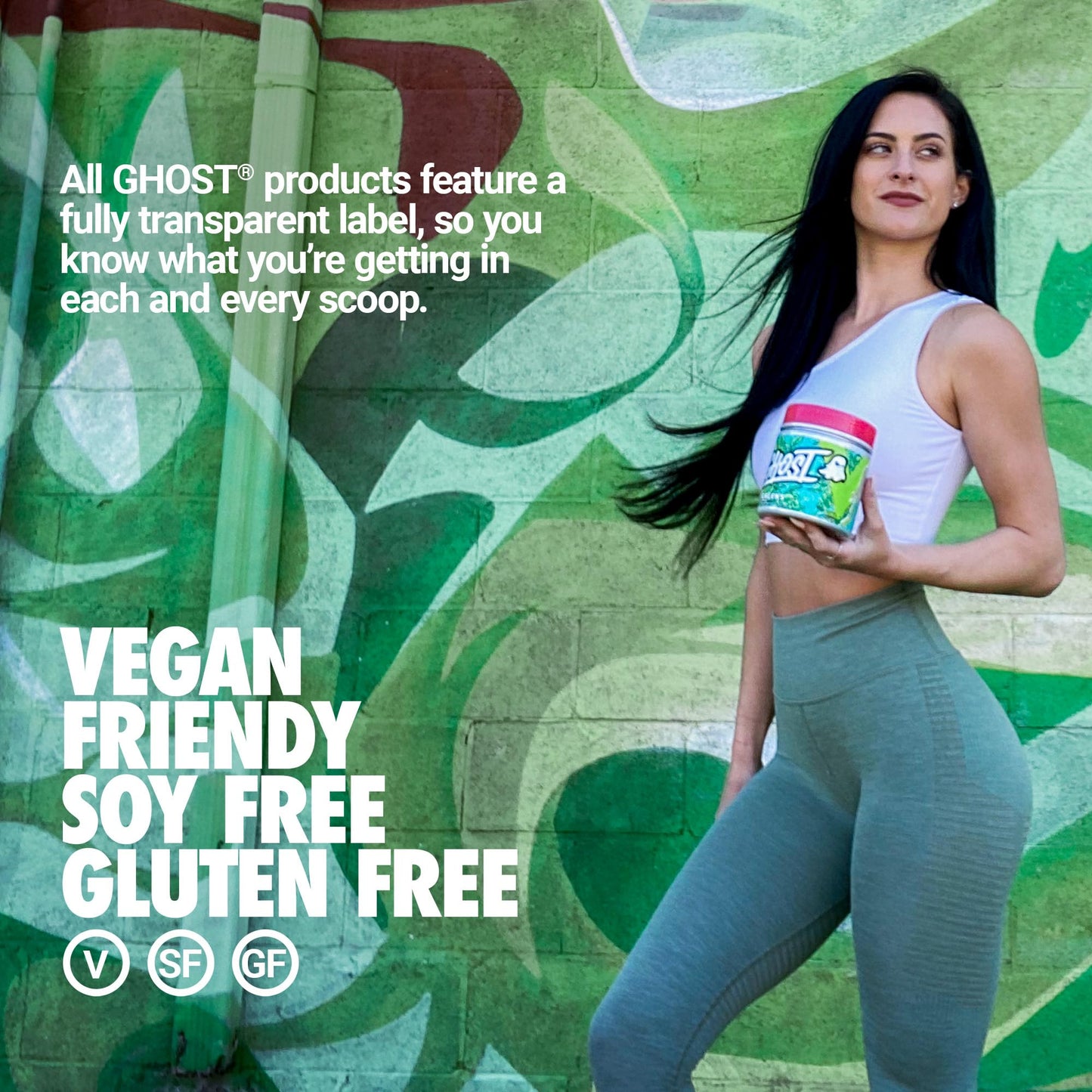 Ghost Greens packaging highlighting ten billion CFU probiotics and digestive enzymes