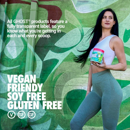 Ghost Greens packaging highlighting ten billion CFU probiotics and digestive enzymes