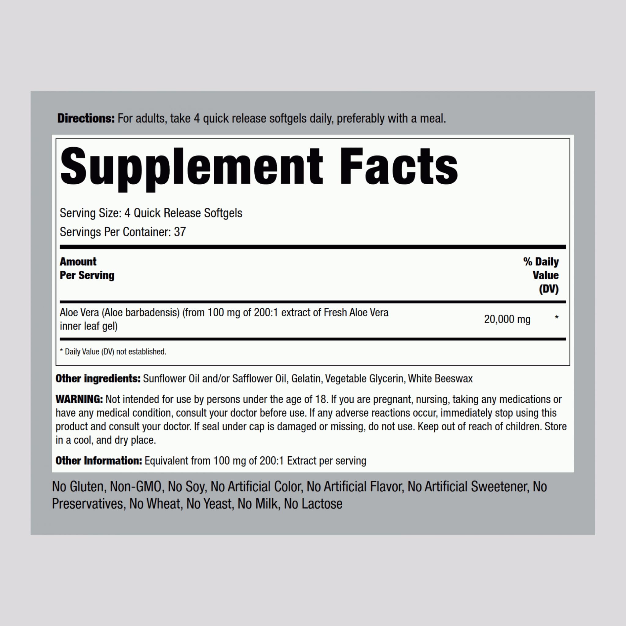 Piping Rock Aloe Vera supplement facts label detail