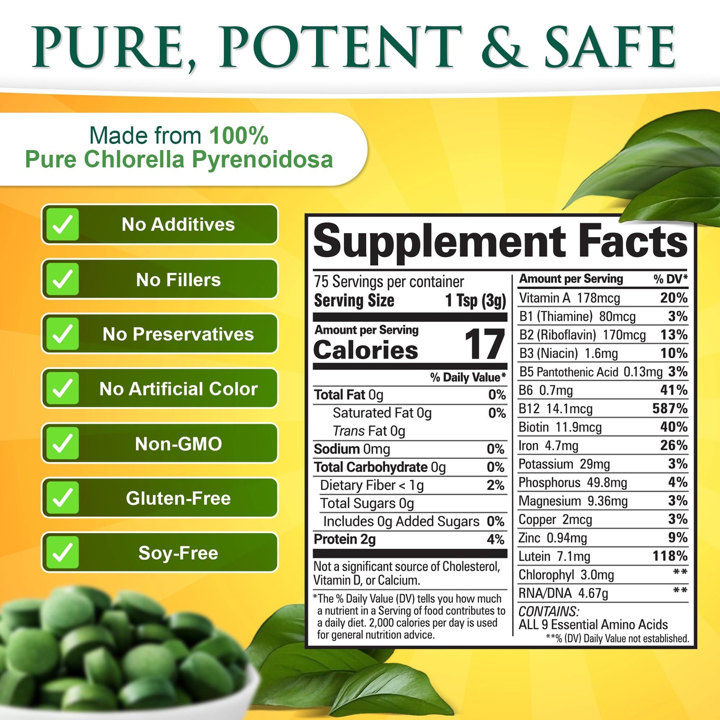 Close up of Sunlit Best chlorella superfood tablets texture