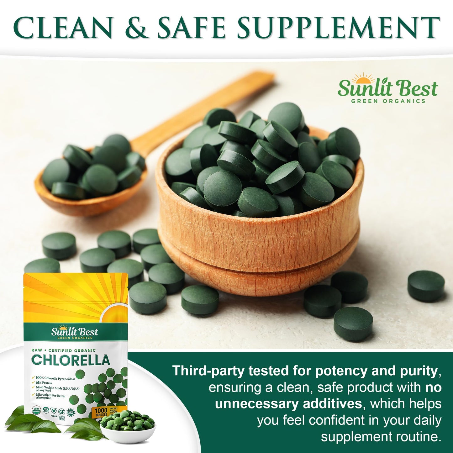 Sunlit Best cracked cell wall chlorella 1000 count container