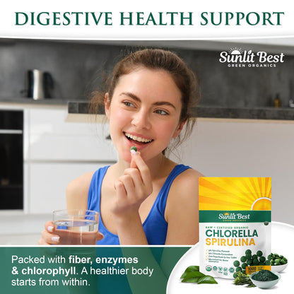 Close up of nutrient dense chlorella spirulina green tablets