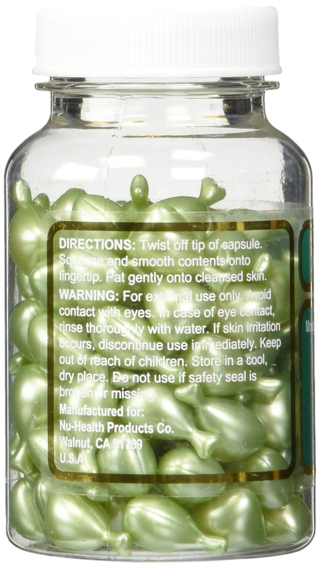 A single twisted open Nu-Health topical facial serum capsule displaying the smooth hydrating oil complex.