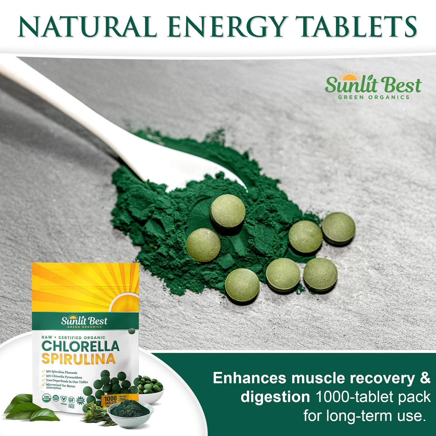 USDA certified organic green supplement bottle packaging