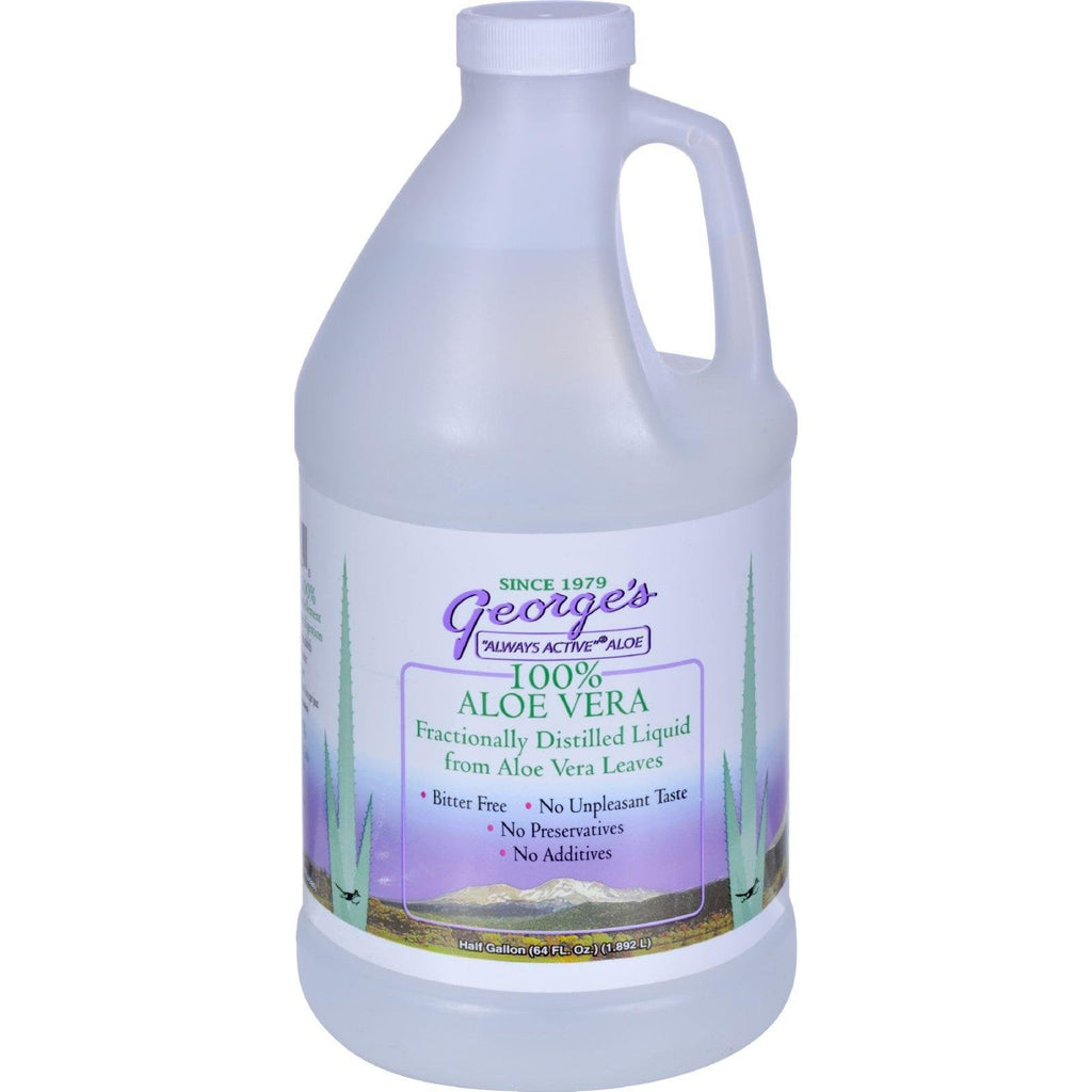 Authentic imported George's aloe vera distillate clear supplement bottle displayed on a white wellness counter