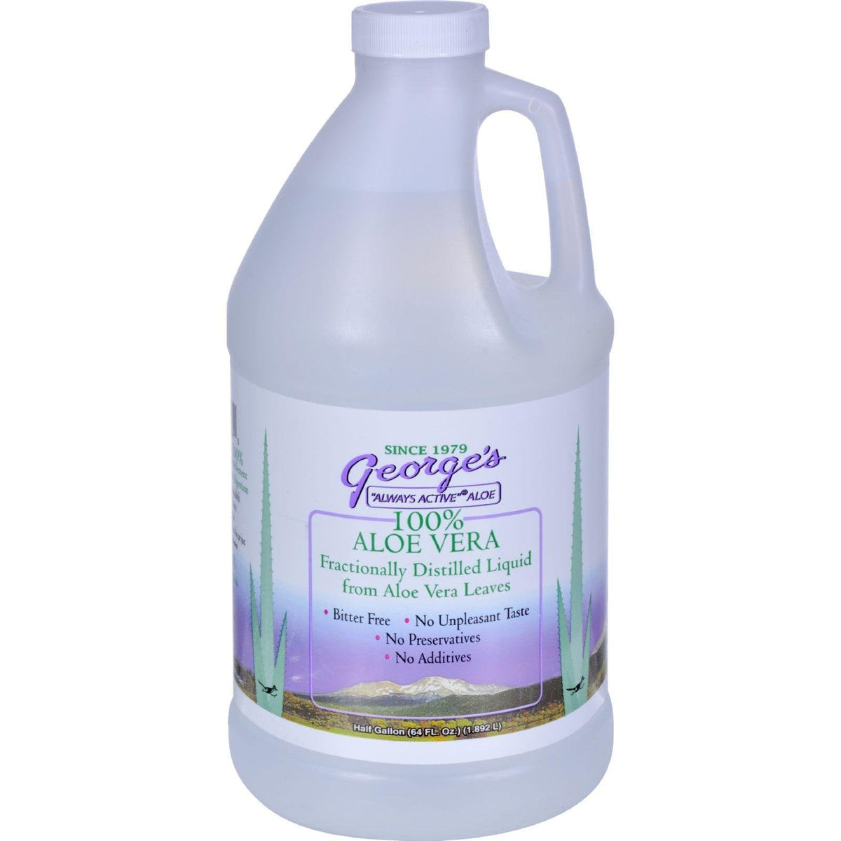 Authentic imported George's aloe vera distillate clear supplement bottle displayed on a white wellness counter