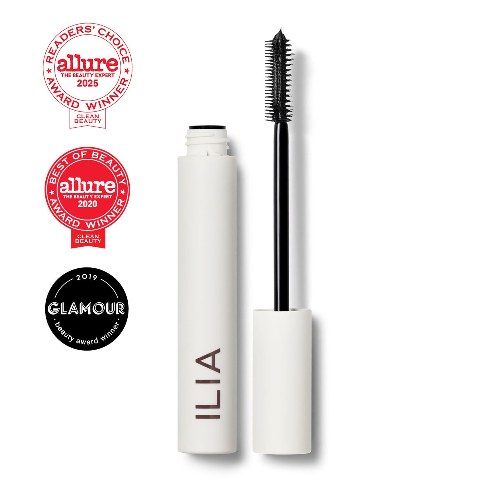 ILIA Limitless Lash Mascara open component revealing the patented dual-sided wand for lifting and lengthening lashes.