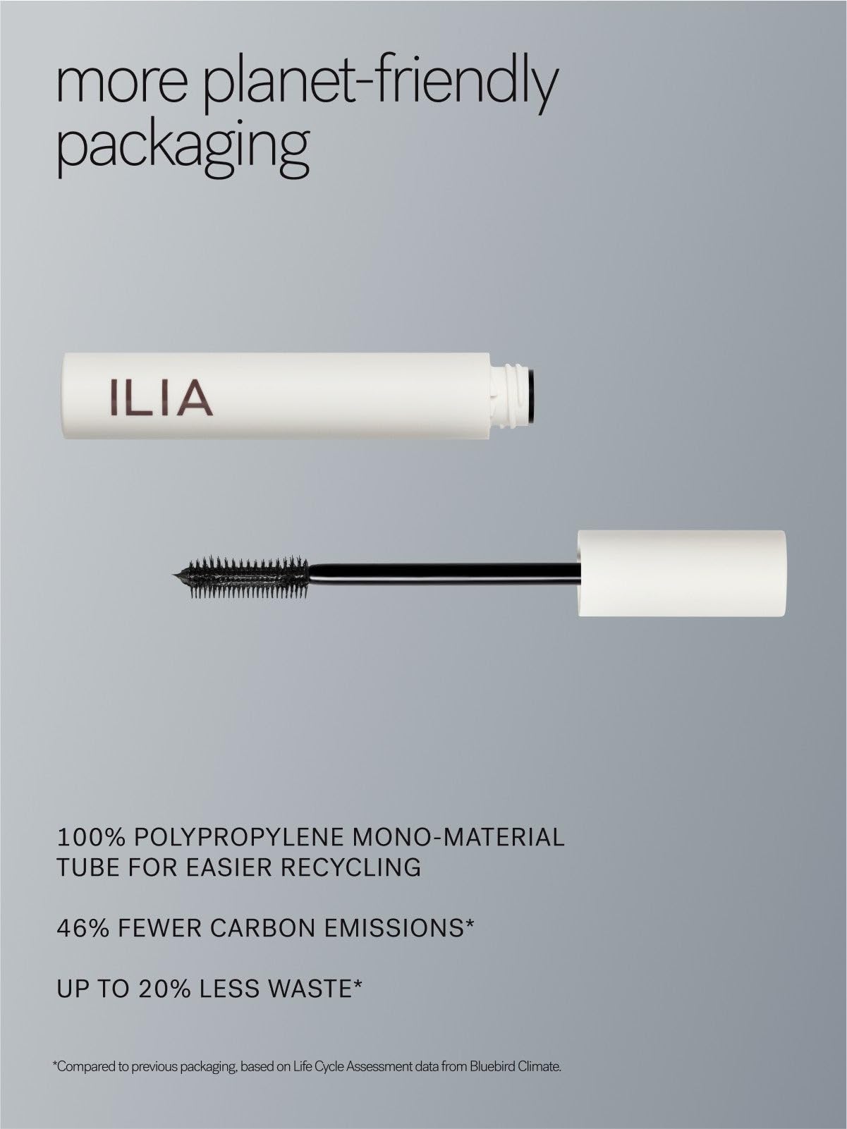 Top view of the ILIA mascara wand highlighting the precision tip designed to separate inner corner eyelashes.