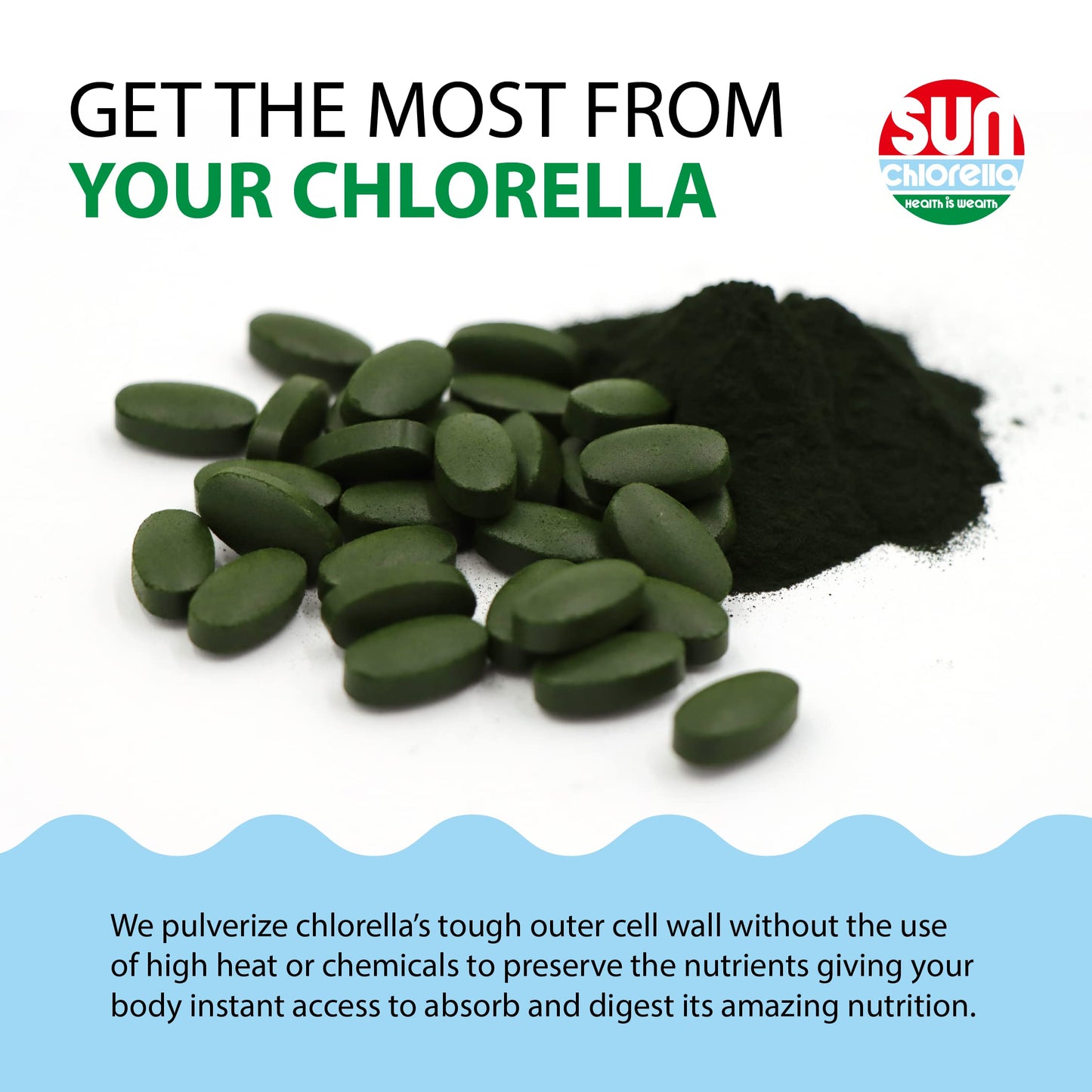 Sun Chlorella green algae tablets close up