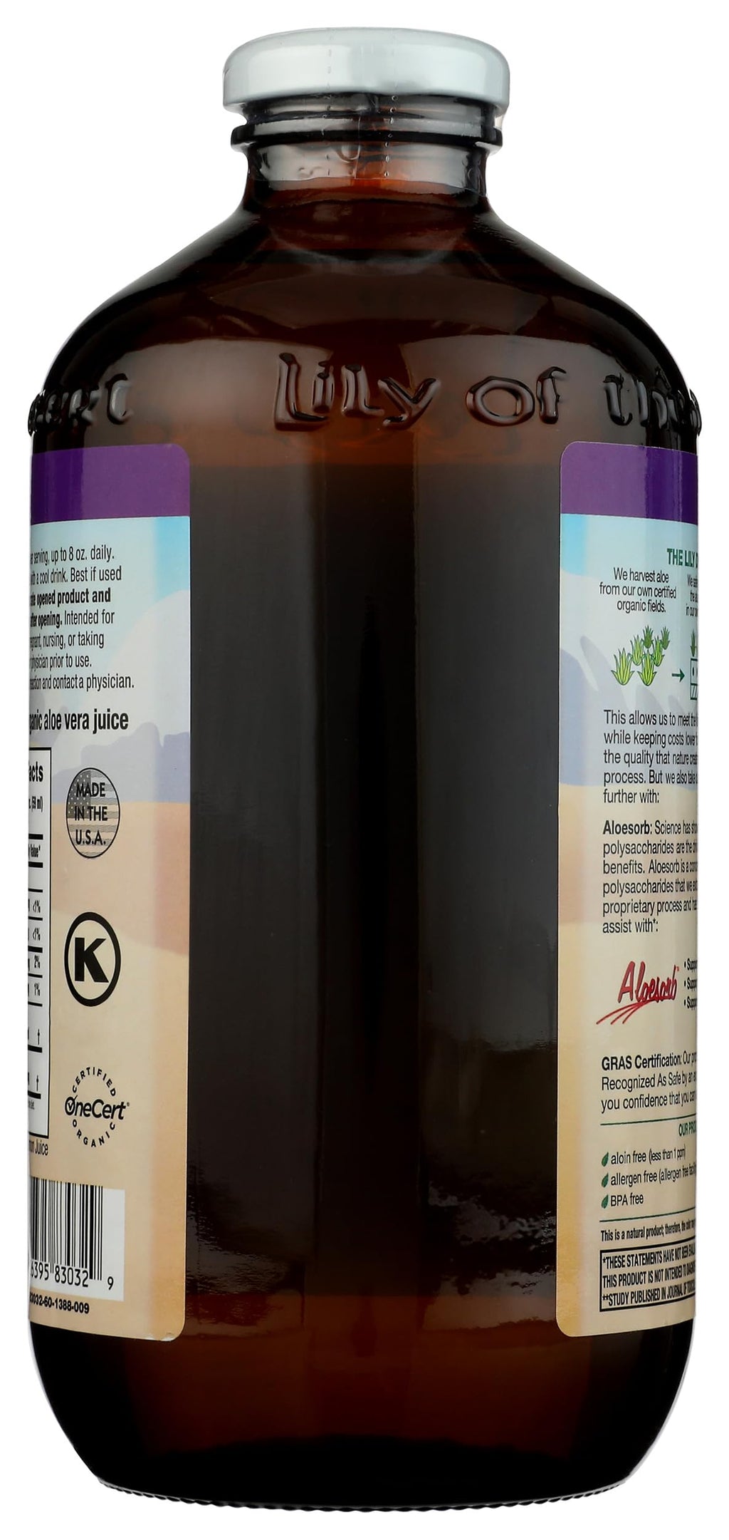 Organic inner fillet aloe vera juice bottle side view