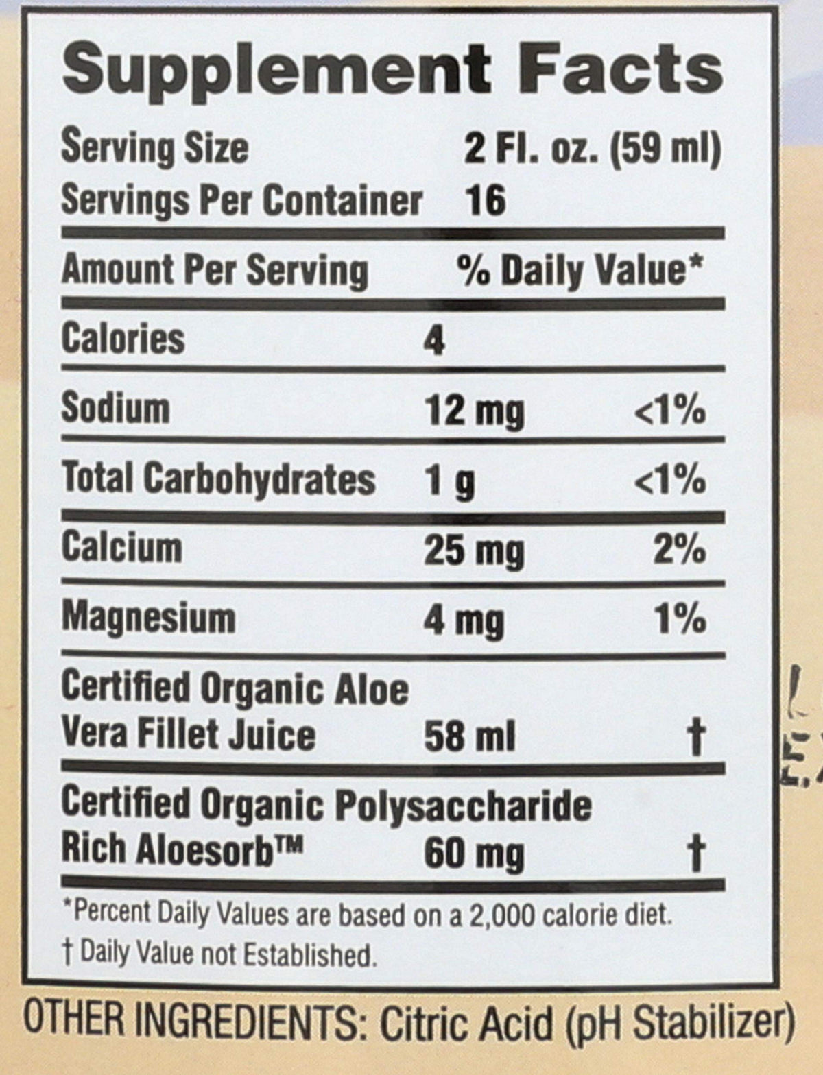 Close up of Lily Of The Desert aloe vera drink packaging