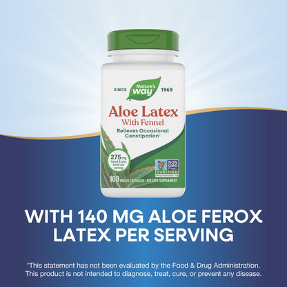 Back label of Nature's Way aloe vera capsules with fennel showing dosage instructions and safety warnings