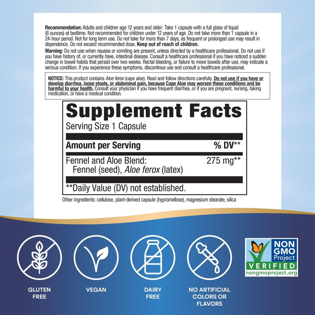Authentic imported bottle of Nature's Way Cape Aloe and fennel seed capsules for bloating reduction