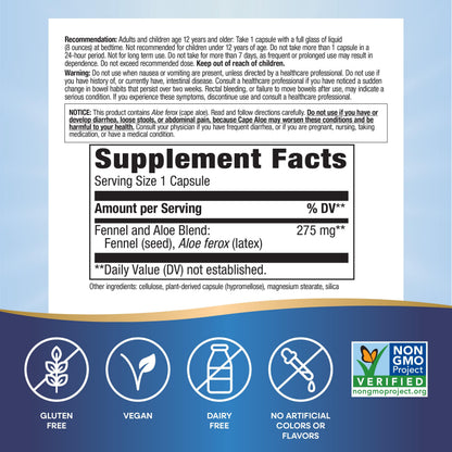 Authentic imported bottle of Nature's Way Cape Aloe and fennel seed capsules for bloating reduction