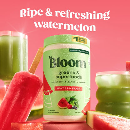 Bloom Nutrition greens powder tub showing supplement facts