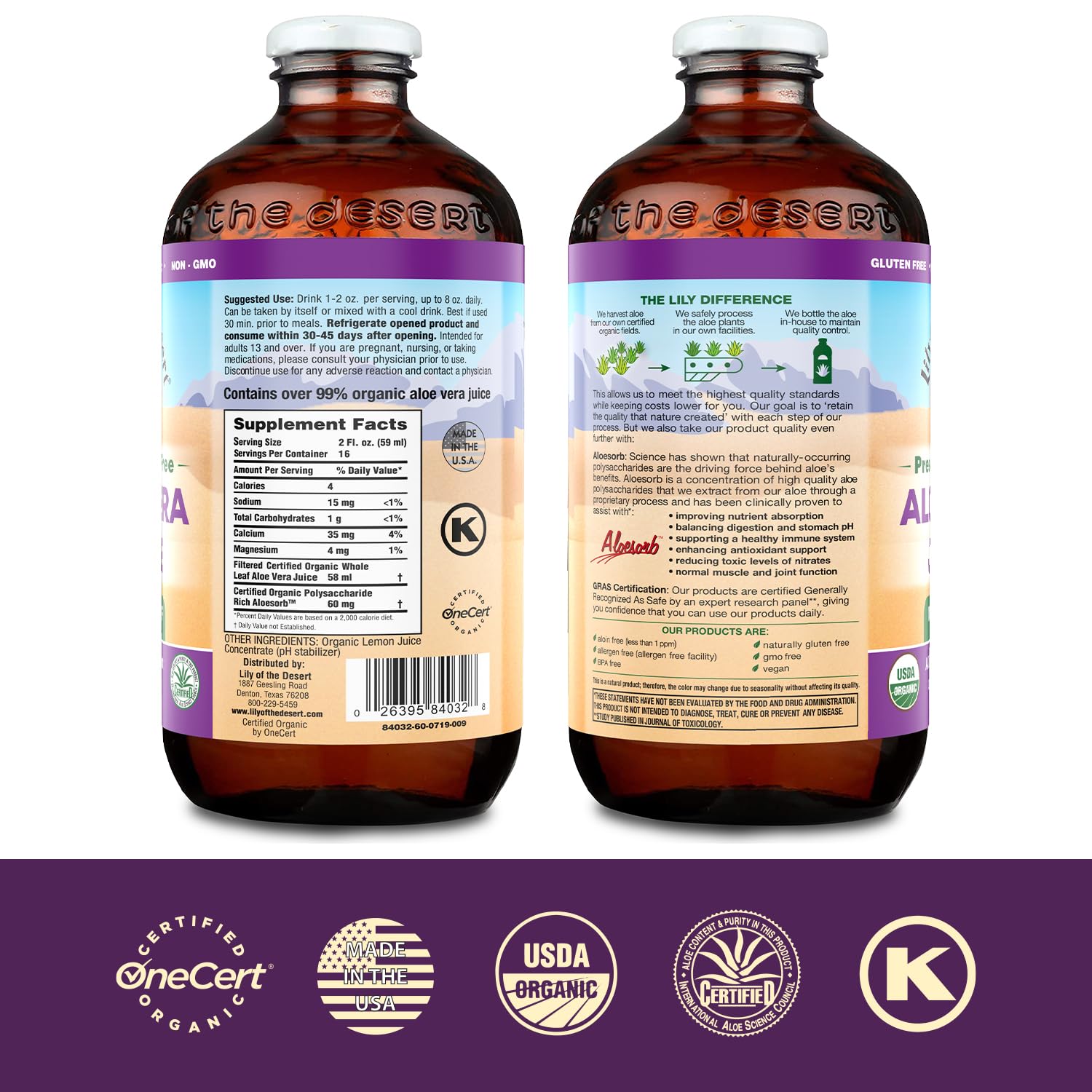 Lily of the Desert organic aloe vera juice bottle with bonus sachet