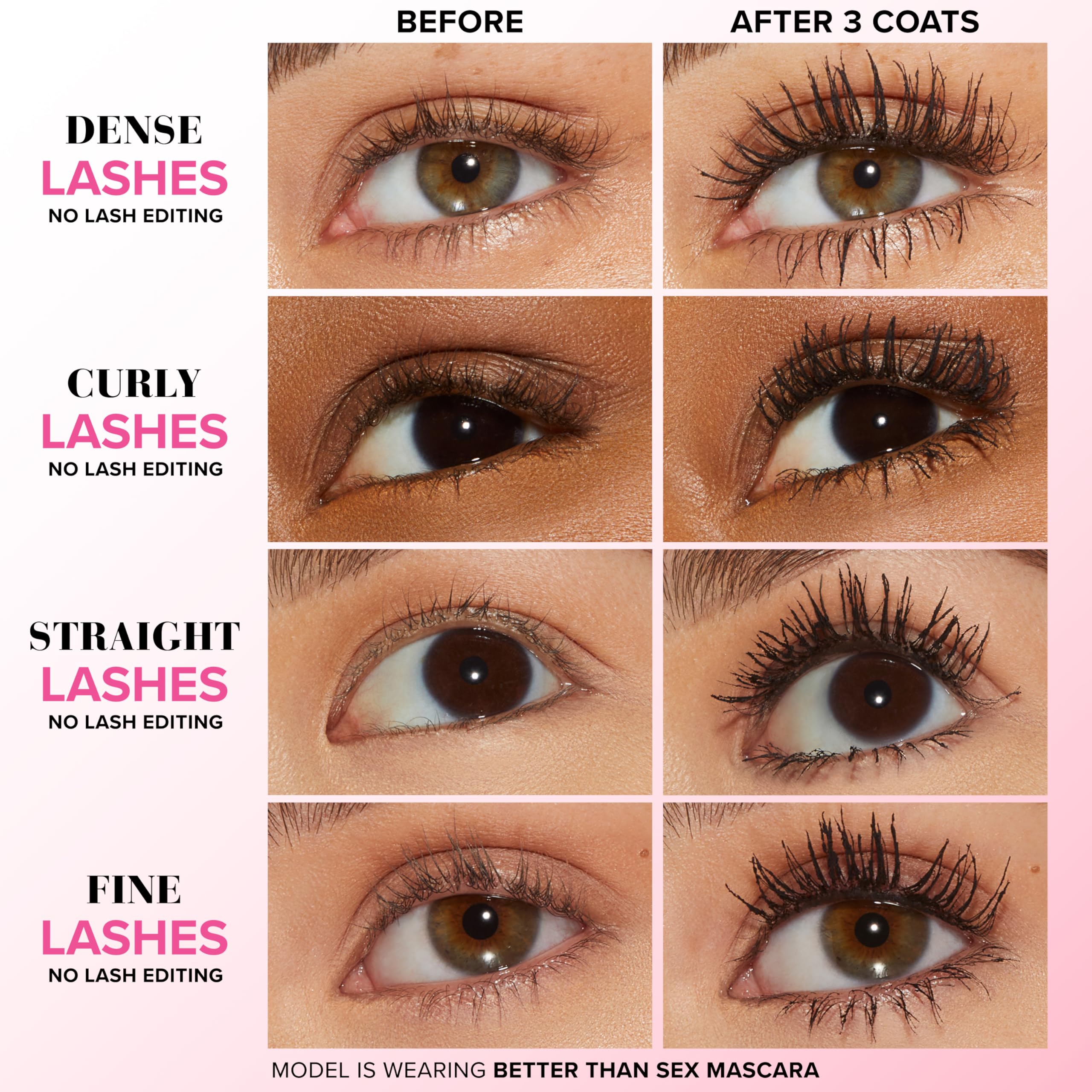Too Faced mascara hourglass brush showing dense bristles for dramatic length