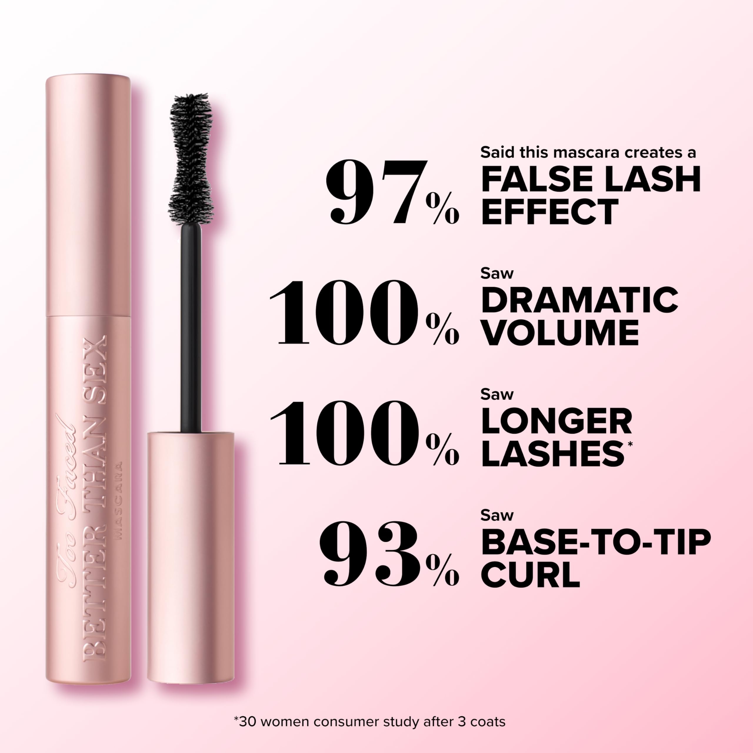 Authentic Too Faced black mascara packaging and metallic lettering details