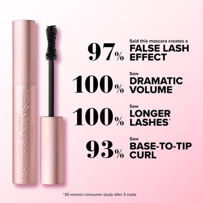 Authentic Too Faced black mascara packaging and metallic lettering details