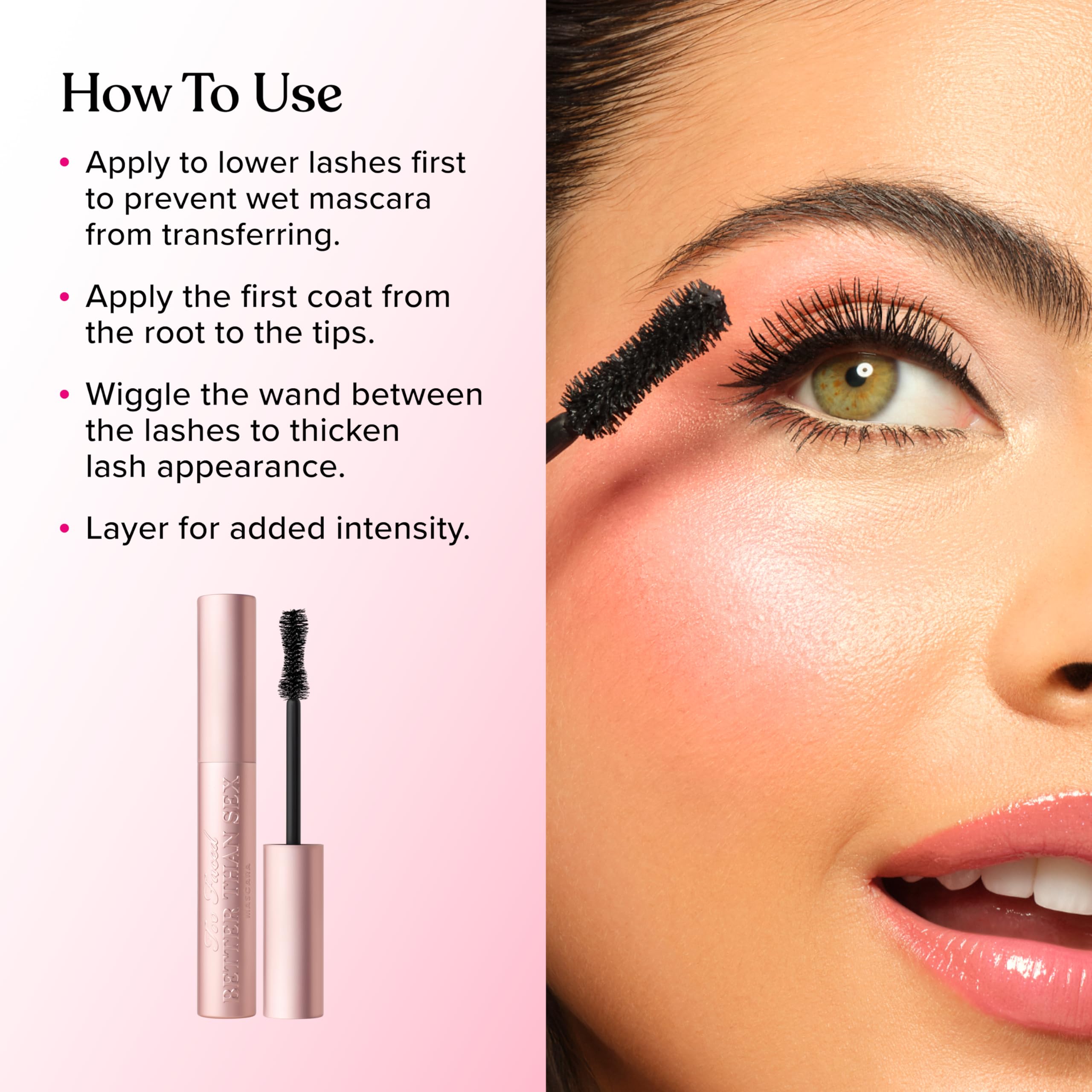 Too Faced Better Than Sex eye makeup showing volumetric lash brush close up