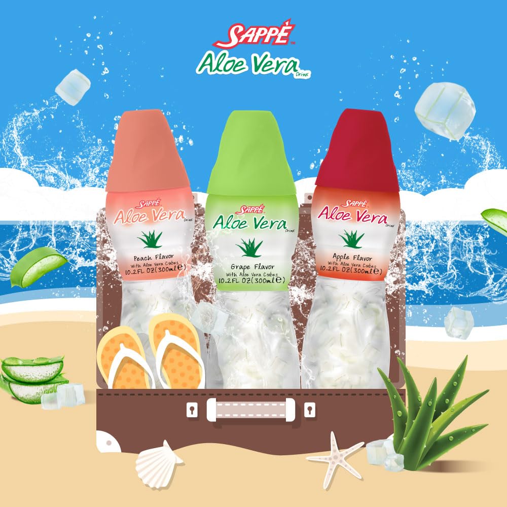 Sappe Aloe Vera Peach drink bottles arranged for serving.