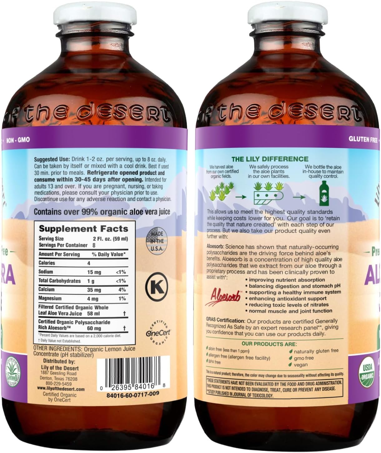 Label details of Lily of the Desert preservative free aloe juice