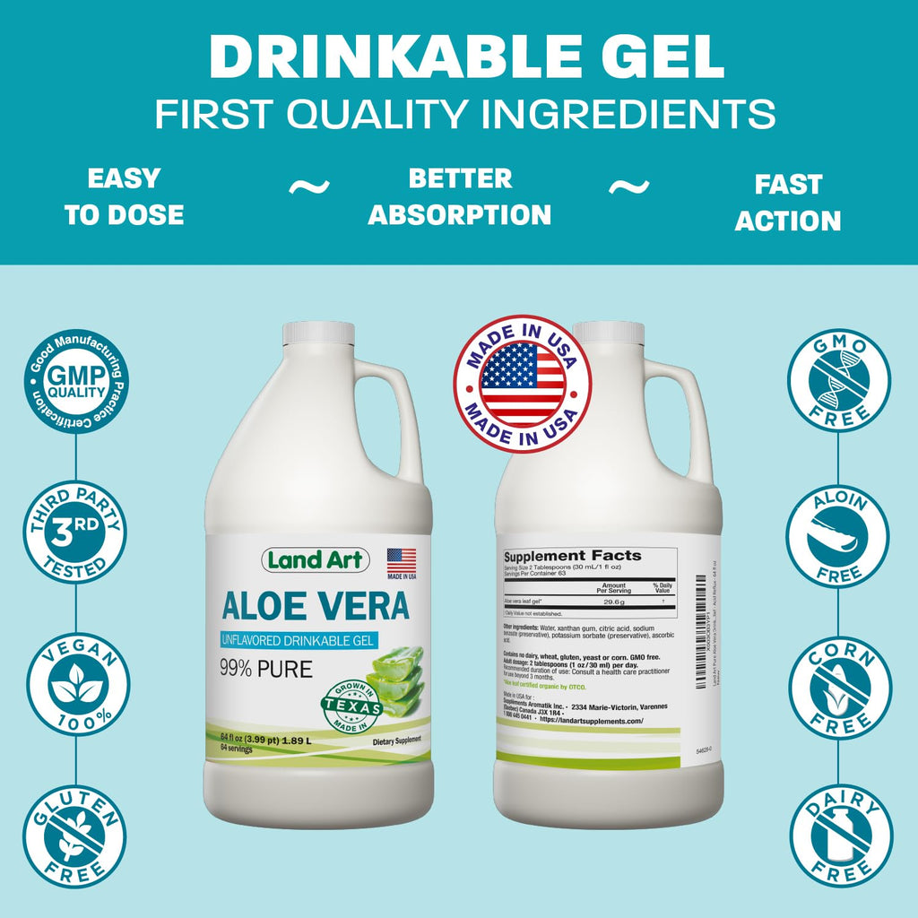Lifestyle shot of Land Art aloe vera gel with a glass of water