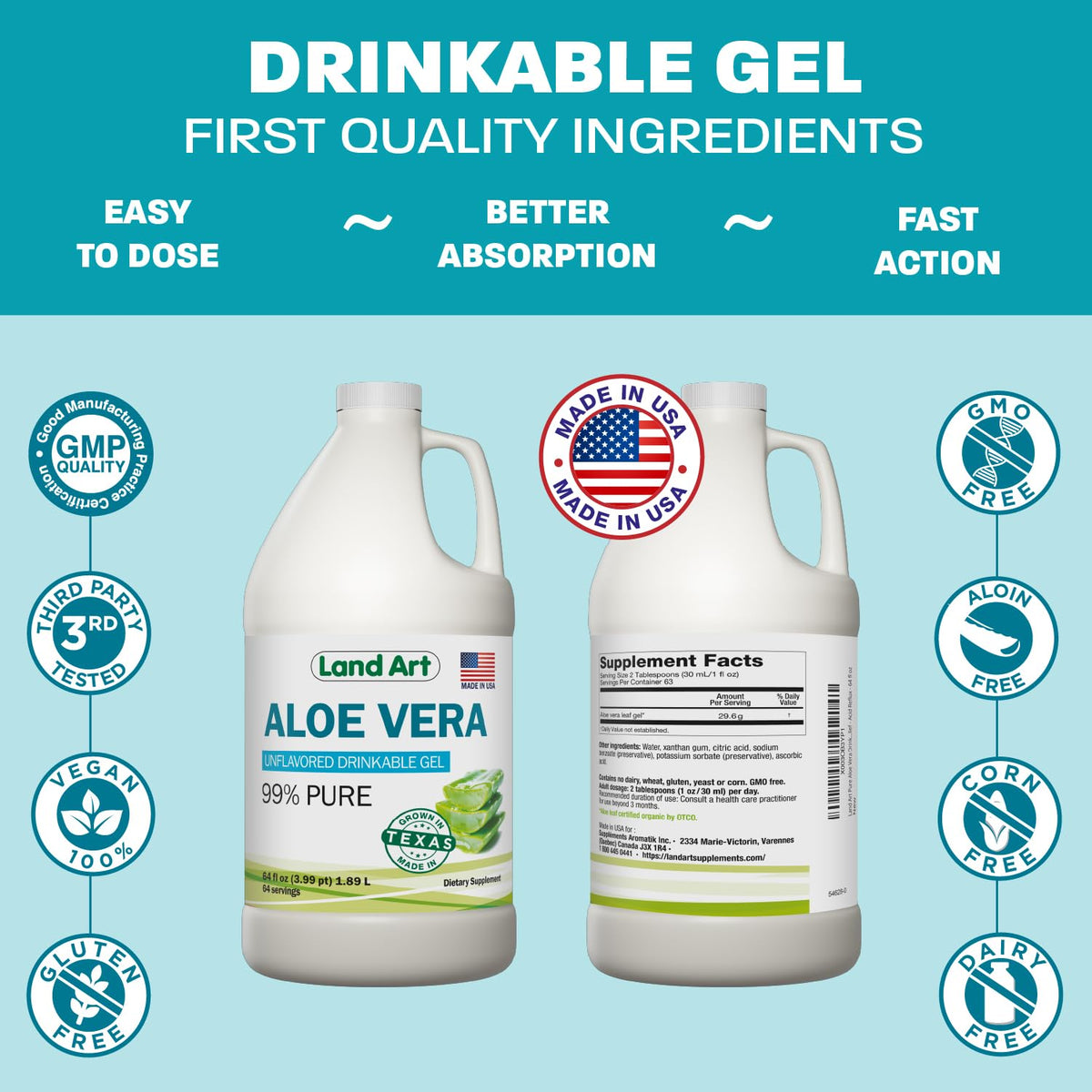 Lifestyle shot of Land Art aloe vera gel with a glass of water