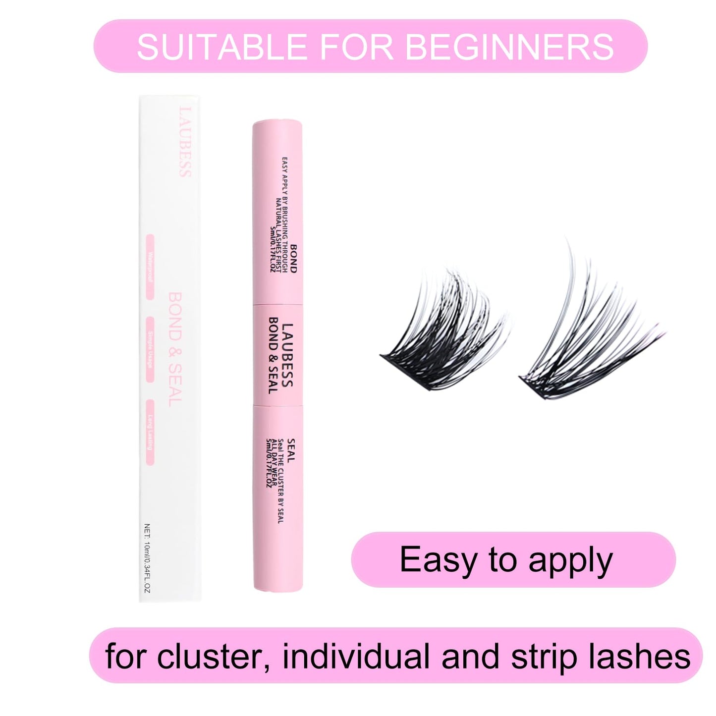 Product packaging for LAUBESS two in one lash adhesive and sealant set for DIY extensions