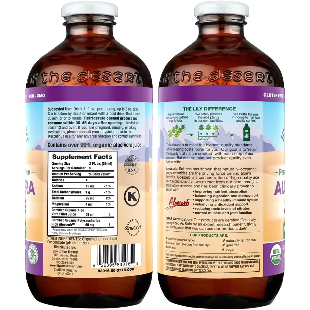 Organic certification seal on Lily of the Desert aloe vera bottle