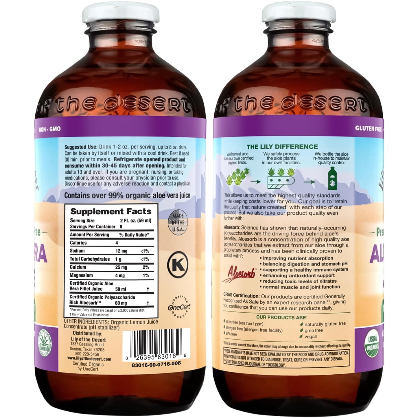 Organic certification seal on Lily of the Desert aloe vera bottle
