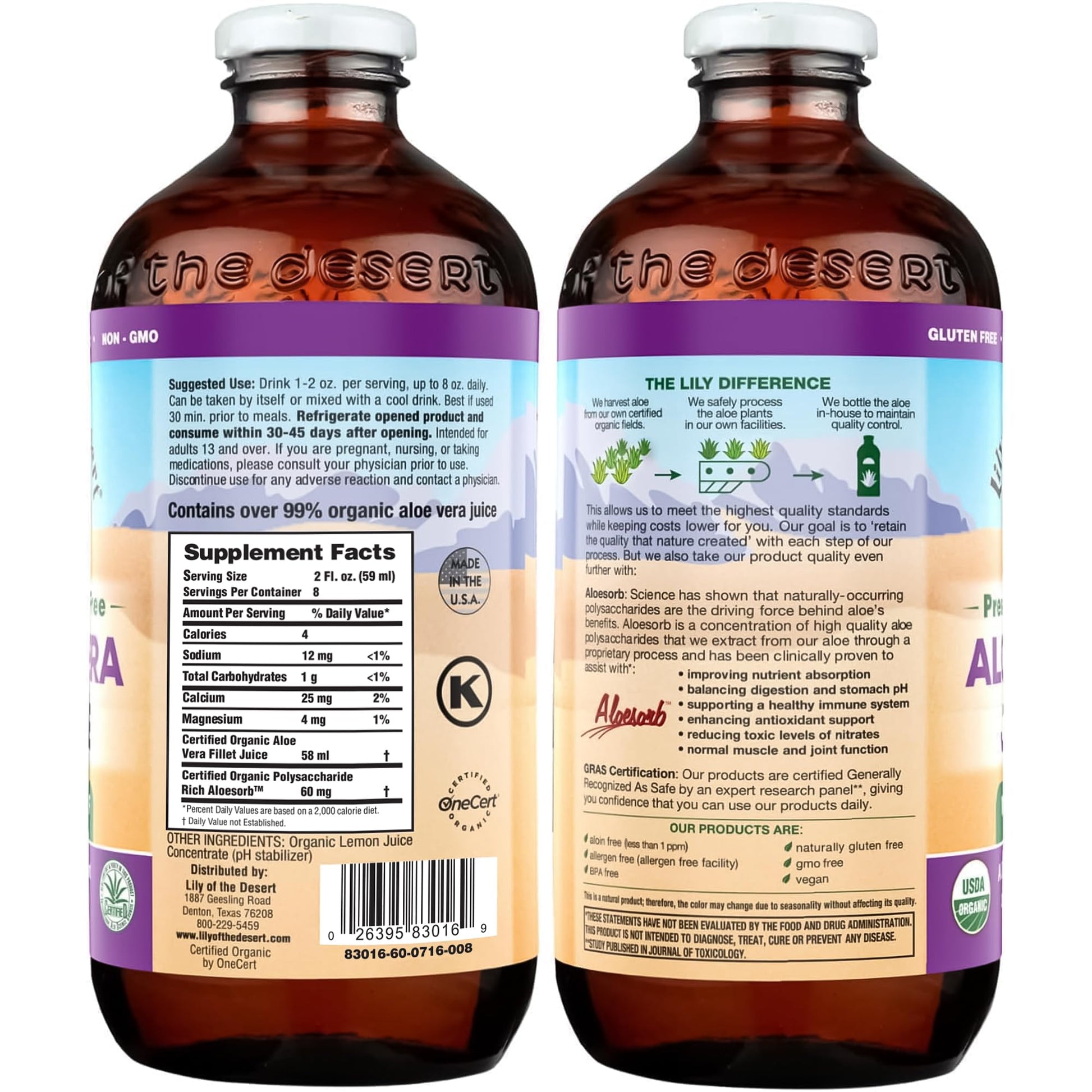 Organic certification seal on Lily of the Desert aloe vera bottle